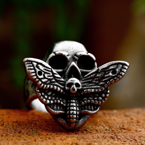 Gothic Steel Skull Moth Biker Ring - 8