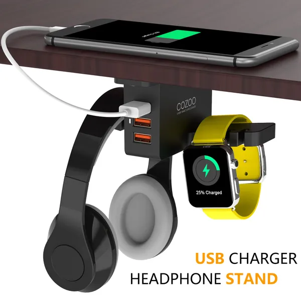 Headphone Stand with USB Charger COZOO Under Desk Headset Holder Mount with 3 Port USB Charging Station and iWatch Stand Smart Watch Charging Dock Dual Earphone Hanger Hook,UL Tested