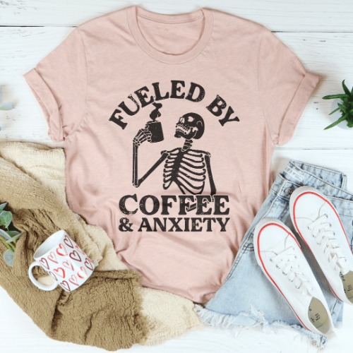 Fueled By Coffee & Anxiety Tee - Heather Prism Peach / L