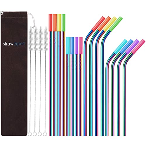 StrawExpert 16 Pack Rainbow Color Reusable Metal Straws with Silicone Tip & Travel Case & Cleaning Brush,Colored Long Stainless Steel Straws Drinking Straw for 20 and 30 oz Tumbler - Rainbow