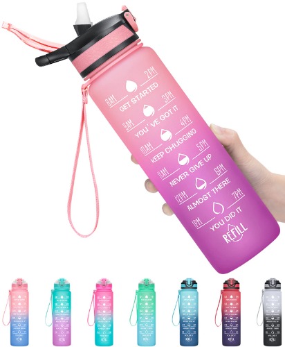 MEITAGIE 32oz Leakproof Motivational Sports Water Bottle with Straw & Time Marker, Flip Top Durable BPA Free Tritan Non-Toxic Frosted Bottle Perfect for Office, School, Gym and Workout - Ombre: Unicorn