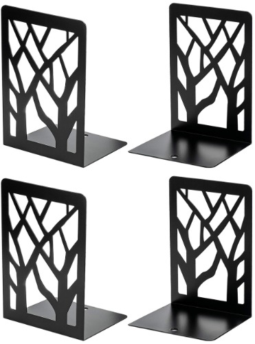 MaxGear Book Ends Tree Design Modern Bookends for Shelves, Non-Skid Bookend, Heavy Duty Metal Book Stopper for Books/CDs, Decorative Book Shelf for Home, 7 x 4.7 x 3.5”, Black (2 Pair/4 Pieces, Large)