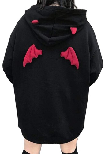 Womens Devil Wings Red Horn Sweatshirt Long Sleeve Hoodie Pullover Hooded Tops - Black X-Large