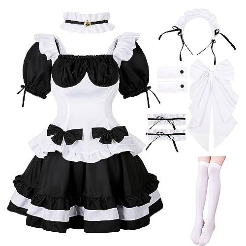 Ainiel Women's Maid Outfit Dress Anime Maid Costume Cosplay Lolita Fancy Dress Maid Dress With Socks Headwear Sets - White - Medium
