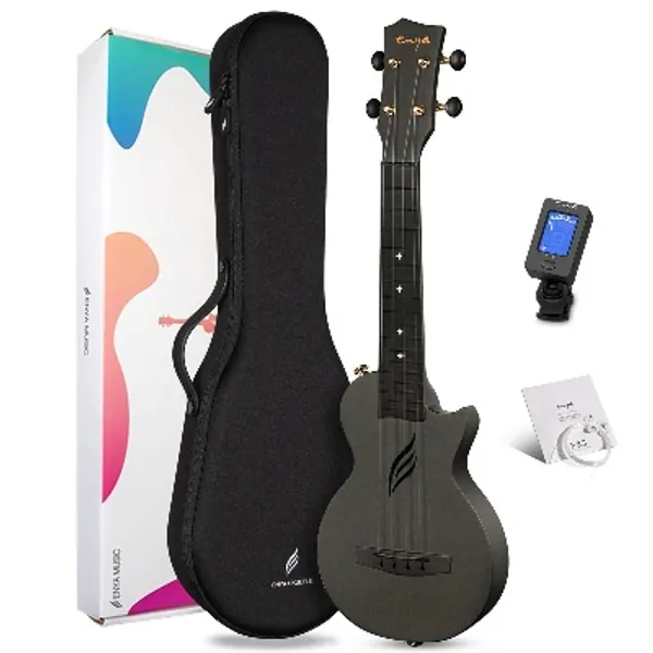 Soprano Ukulele Enya Nova U Mini 21" –Carbon Fiber Travel Ukulele–With Beginner Kit includes Semi-Hard Case, Tuner, and Strings (Black)