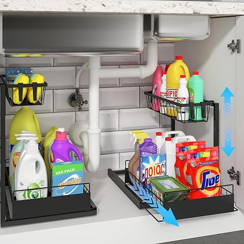 REALINN Under Sink Organizer, 2 Pack Height Adjustable Kitchen Organizers and Storage, 2 Tier Pull Out Sliding Cabinet Organizer, Multi-Use for Kitchen Bathroom Cabinet - Black