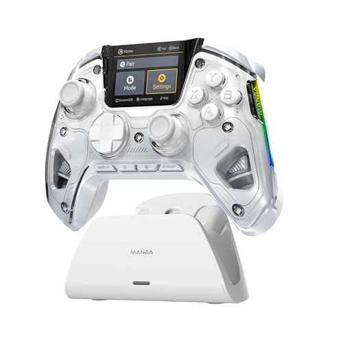 (No Drift) ManbaOne Wireless Game Controller with Interactive Screen for Switch/Windows PC/iOS/Android,Hall Effect Stick and Trigger with Charging Dock(White) - White