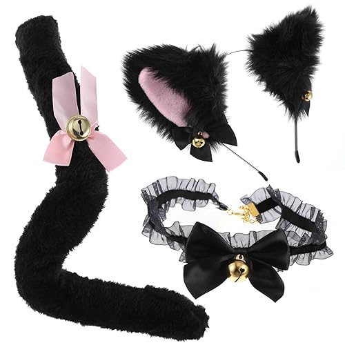 3PCS Cat Cosplay Halloween Costume Set Plush Furry Cat Headband Cat Ears Headwear with Bells Necklace and Tail for Women Girls Halloween Christmas Fancy Dress Up For Halloween Christmas dates - 3pcs Black & Pink