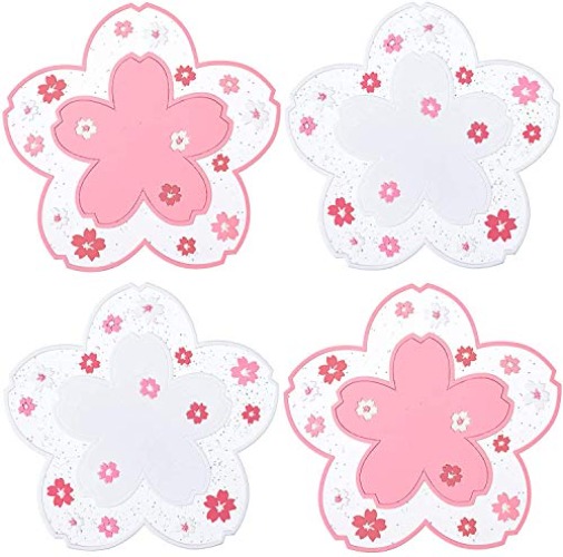 Kawaii Sakura Cup Coaster, Decor Cup Placemat, Cute Kitchen Pot Bowl Pad Placemat, Cherry Blossom Coaster, Table Cup Mat, Flower Pattern Mug Pink Coasters Set of 4 for Drinks, Coffee, Tea (4.5in) - 4.5in
