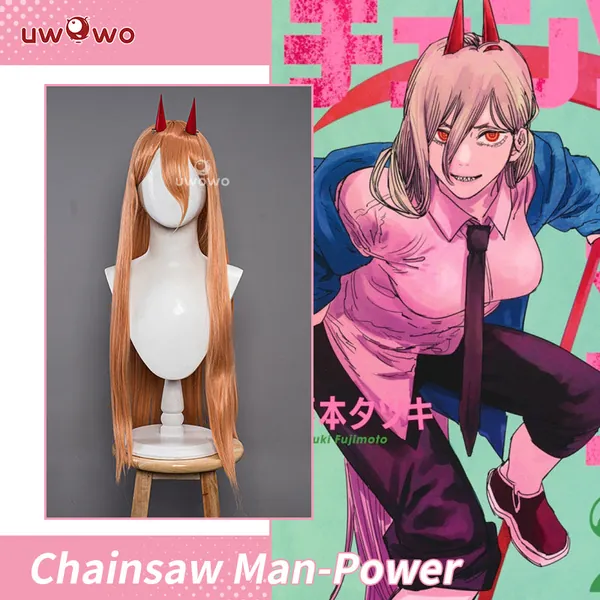 Uwowo Anime Chainsaw Man Wig Power Cosplay Wig Light Orange Long Hair Power Wig With Horns