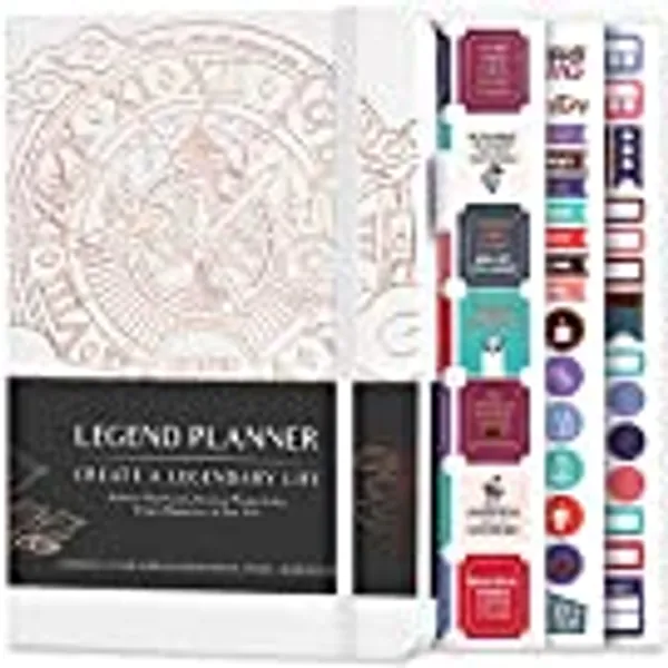 Legend Planner – Deluxe Weekly & Monthly Life Planner to Hit Your Goals & Live Happier. Organizer Notebook & Productivity Journal. A5 Hardcover, Undated – Start Any Time + Stickers – White Gold Foil