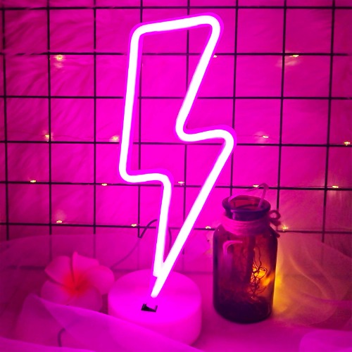 VIFULIN Pink Lightning Bolt Neon Signs Light, Pink Neon Sign Aesthetic Room Decor for Bedroom Aesthetic Battery/USB Operated Lightning Bolt Light, Gift Idea Kawaii Room Decor LED Light with Base - Pink