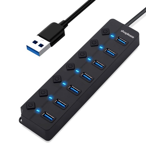 7-Port USB 3.0 Hub with Individual Power Switches and Lights, High-Speed Data Hub Splitter Portable USB Extension Hub for PC Laptop and More (No Power Adapter)