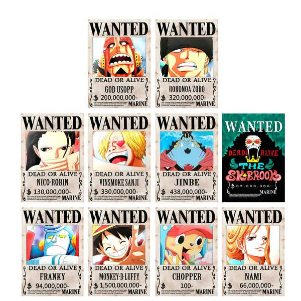 10 Pcs One Piece Pirates Wanted Poster,1.5 Billion New Edition 28.5cm×19.5cm , The Straw Hat Pirates Crew Luffy Chopper Zoro Nami Usopp Sanji Jinbe Franky Brook Robin.