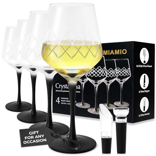 MIAMIO - 380 ml Weißweingläser, 4er Set große Premium Kristall Weingläser mit schwarzem Stiel + Weinstopper & Luftsprudler - Crystaluna Collection - Weißweingläser
