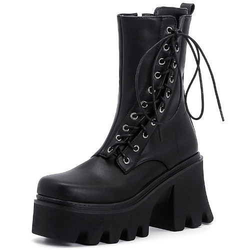 'Dusk' Chunky Black Lace Up Faux PU Leather Boots - black / 39