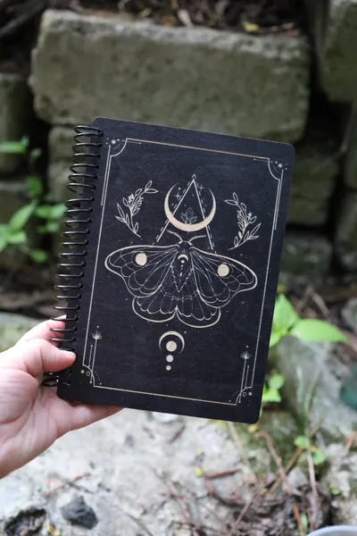 Moth Wooden notebook, Moon witch journal, sketchbook journal, engraved notebook, magic, witchy, goth,