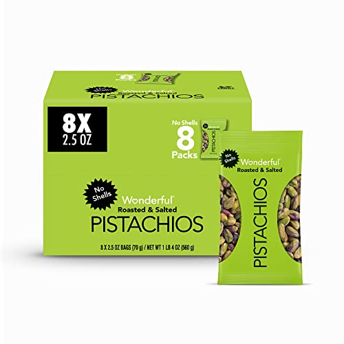 Wonderful Pistachios No Shells, Roasted and salted Nuts, 2.5 Ounce Bag (Pack of 8), Protein Snack, On-the-Go, Individually Wrapped Healthy Snack - Roasted & Salted - 2.5 Ounce (Pack of 8)