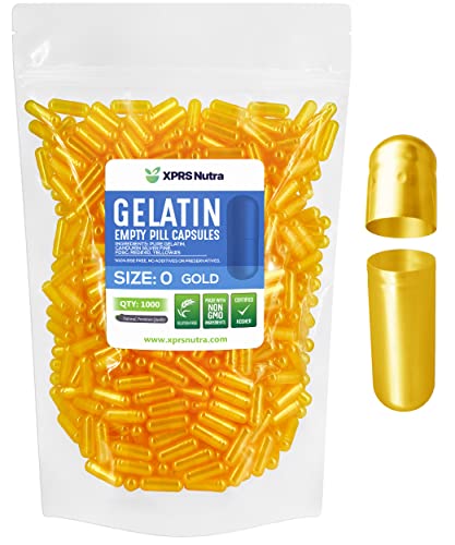 XPRS Nutra Size 0 Empty Capsules - 1000 Count Empty Gelatin Capsules - Empty Pill Capsules - DIY Capsule Filling - Pure Bovine Pill Capsules Empty Gel Caps (Gold) - 1000 Count (Pack of 1) - Gold