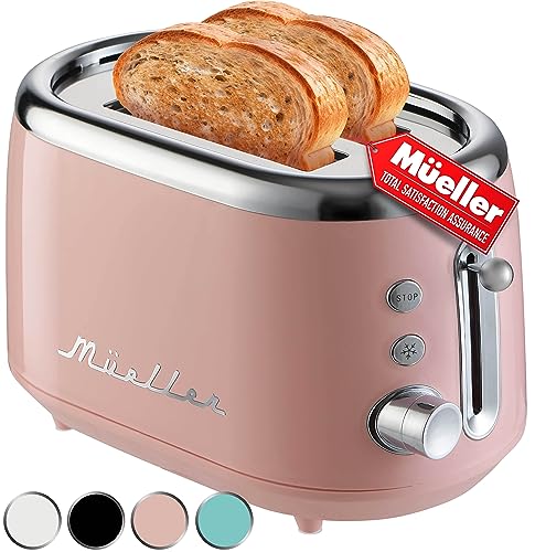 Mueller Retro Toaster 2 Slice with 7 Browning Levels and 3 Functions: Reheat, Defrost & Cancel, Stainless Steel Features, Removable Crumb Tray, Under Base Cord Storage, Pink - Pink