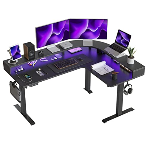 FEZIBO Triple Motor L Shaped Stadning Desk with LED Strip & Power Outrlets，63 inches Height Adjustable Stand up Corner Desk with Ergonomic Monitor Stand, Black Frame/Black Top - 63 inch - Black