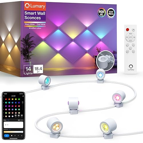 Lumary RGBAICW Smart Wall Sconces, Indoor Up Down Wall Lights 18.4ft with 14 LEDs Color Changing DIY Light Fixture for Bedroom, Living Room, Party, Home Decor, Work with Alexa/Google Assistant - 18.4ft