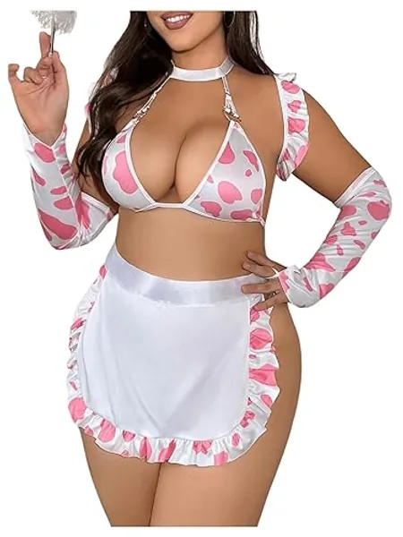 WDIRARA Women's Plus Size 7 Piece Cow Cosplay Lingerie Set Costume Maid Lingerie Outfits - XX-Large Plus - Pink White