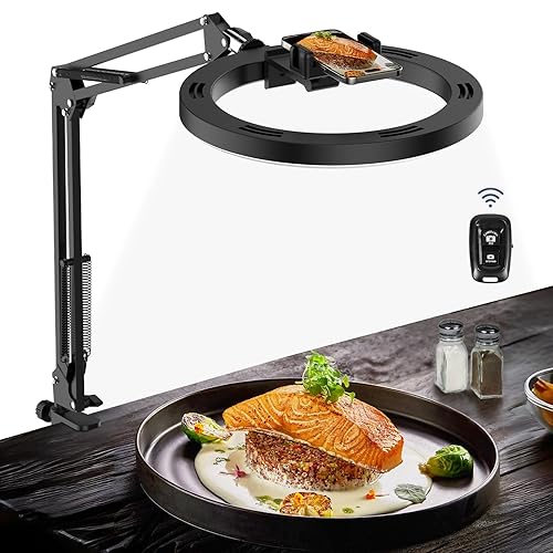 Overhead Camera Mount with Selfie Ring Light and Phone Holder, 10" LED Ring Light for Desk with Stand and Remote for iPhone,Phone Tripod with Light for Video Recording Vlog TikTok Live Stream Cooking - Desk
