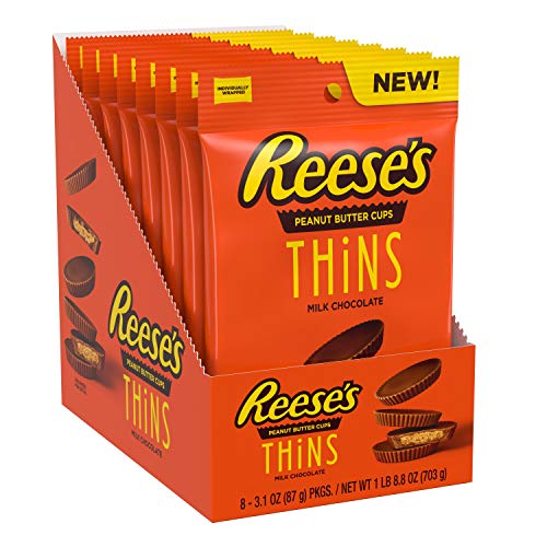 REESE'S THiNS Milk Chocolate Peanut Butter Cups, Candy Packs, 3.1 oz (8 Count) - Peanut,Milk Chocolate - 3.1 Ounce (Pack of 8)