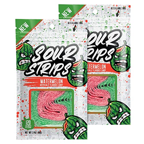 Sour Strips Watermelon Flavored Sour Candy Strips | Deliciously Sour Chewy Candy Belts | Vegetarian Candies, 12 Strips per Pack, 2 Pack - Watermelon (2 Pack)