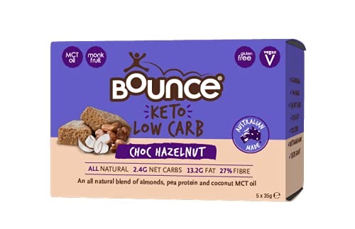 Bounce Choc Hazelnut Keto Low Carb Bar x5. Vegan, gluten free healthy snacks, high fibre keto bars, low carb low sugar keto snacks. Snack healthy with Bounce protein bars, balls and snacks
