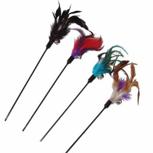 Bullidea Cat Toy Feather Wand Feather Funny Pet Cat Play Sticks Rod Stick Toy for Cat and Kitten with Bell 4Pcs Color Random
