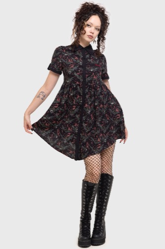 The Gremlins Are Coming Shirt Dress | S / Black / 100% Viscose