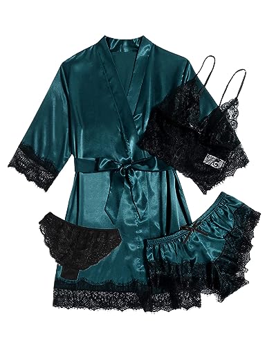 ZIJEFA Women' Silk Satin Pajamas Set 4pcs Lingerie Floral Lace Cami Sleepwear with Robe - X-Large - Green