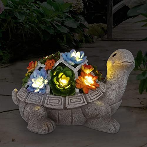 Nacome Solar Garden Outdoor Statues Turtle with Succulent and 7 LED Lights - Lawn Decor Tortoise Statue for Patio, Balcony, Yard Ornament - Unique Housewarming Gifts - Grey Turtle