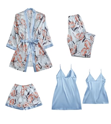 KIFOVEN Women's 5 Pcs Sleepwear Floral Satin Dress Cami Shorts Pajama Set with Robe - X-Large - Azure