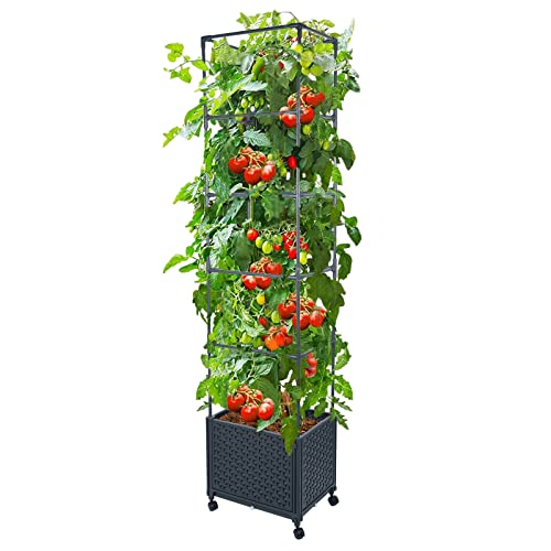 GREEN MOUNT Raised Garden Bed Planter Box with Trellis for Climbing Vegetables Plants, 67.6" Outdoor Tomatoes Planters Tomato Cage w/Wheels