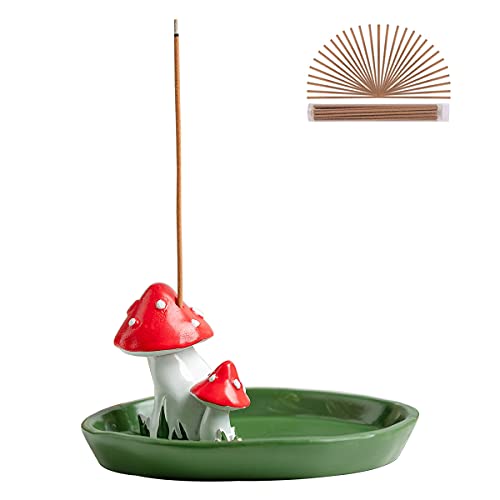 CHUNCHE Cute Mushroom Incense Holder with 30 Incense Sticks, Handmade Resin Burner, Nature Theme Incense Tray, Adorable Home Decoration Accessories(Green) - Green