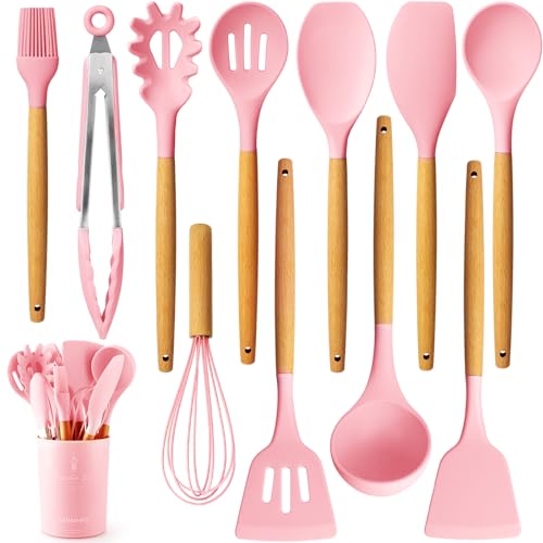 Caliamary Silicone Kitchen Utensil Set, 11 Pieces Cooking Utensil with Wooden Handles, Utensil Holder for Nonstick Cookware, Spoon, Soup Ladle, Slotted Turner, Whisk, Tongs, Brush, Pasta Server (Pink) - Pink