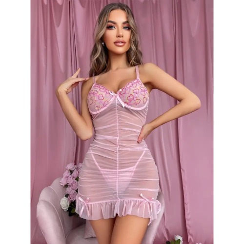 Naughty Valentine Night Dress in Sexy Lace Pink Mesh - S