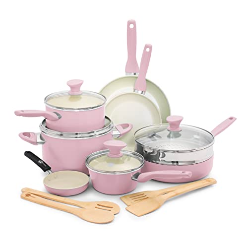 GreenPan Rio Healthy Ceramic Nonstick 16 Piece Cookware Pots and Pans Set, PFAS-Free, Dishwasher Safe, Pink - Pink