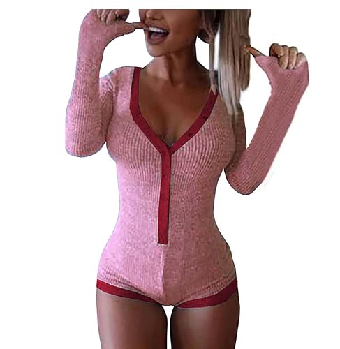 Roselux Women's Sexy Deep V Neck Shorts Long Sleeve Knitted One Piece Bodysuit Sexy Pajama Onesie Bodycon Rompers Overall - B-long Sleeve-deep Pink&wine Red - Small