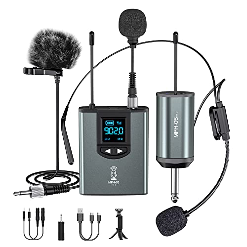 Wireless Microphone System Headset Mic/Stand Mic/Lavalier Lapel Mic with Rechargeable Bodypack Transmitter & Receiver 1/4" Output for iPhone, PA Speaker, DSLR Camera, Recording, Teaching, Church, Vlog - 1T1R-Steel