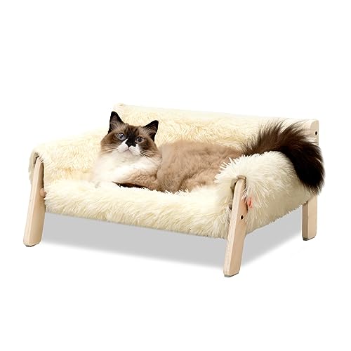 MEWOOFUN Large Cat Bed Sturdy Wooden Leg Raised Cat Sofa Bed Kitten Bed for Indoor Cats - Soft Cat Couch with Removable Cover Hold up 15kg, 56x45cm White - 56x45x27cm - White