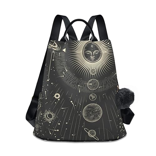 CBBYY Moon And Stars Goth Backpack Purse for Women Nylon Anti-theft Travel Backpack Lightweight Shoulder Bag with Plush Ball Keychain - Moon and Stars Goth