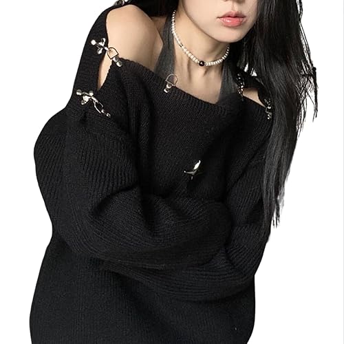Women Pullover Sweater Long Sleeve Punk Gothic Cross Ring Bare Shoulder Grunge Sweater Streetwear Aesthetic Clothes - One Size - Black