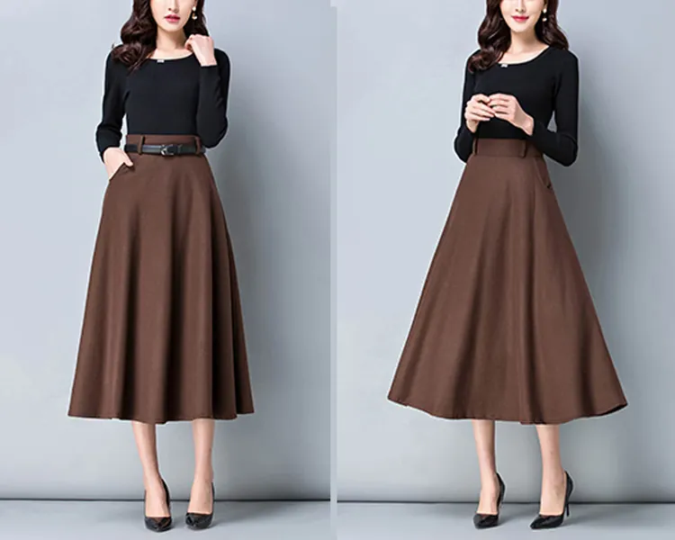 Wool skirt, midi skirt, Winter skirt, dark gray skirt, long skirt, vintage skirt, high waist skirt, flare skirt, Wool skirt with belt Q005
