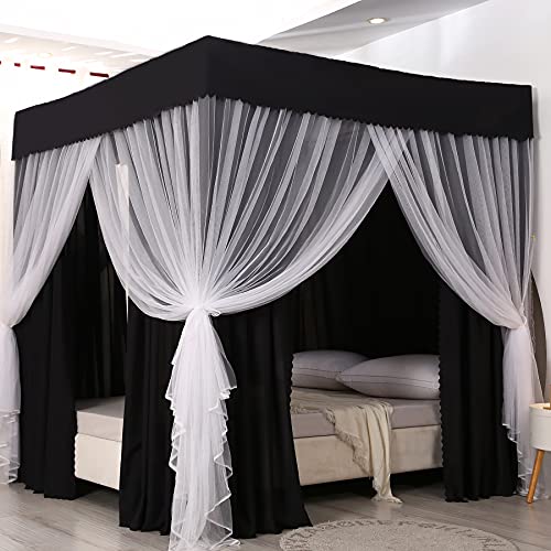 Mengersi Four Corner Post Canopy Bed Curtains 2-in-1 Anti-Glare Windproof Lightproof Bed Canopy for Adults Girls Boys Gift Home Bedroom Decoration (Queen, Black) - Queen - Black