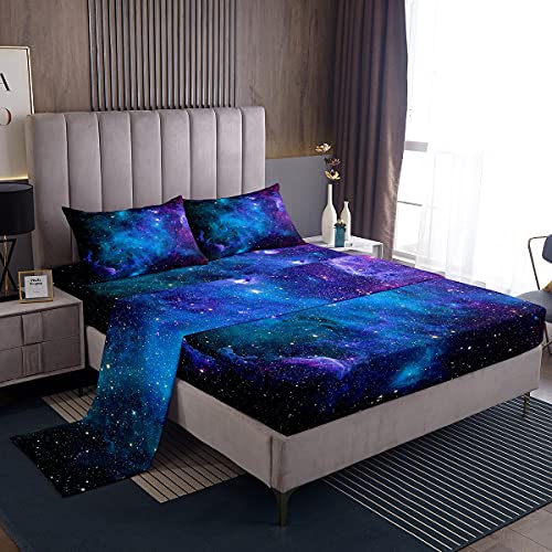 Feelyou Galaxy Sheet Set Queen Size Out Space Bedding Blue Nebula Universe 100% Microfiber Deep Pockets Bed Sheets 4 Pcs - 1 Falt& 1 Fitted Sheets with 2 Pillow Shams - Galaxy-2 - Queen