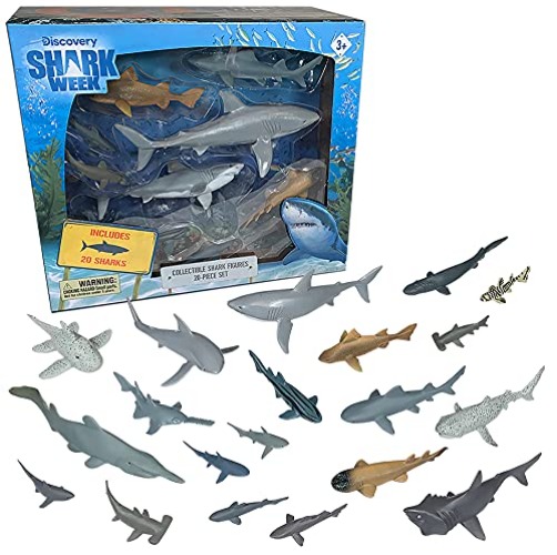 Shark Week Discovery - 20 Pieces Premium Collectable Shark Toy Playset, Great White Shark, Mako, Hammerhead, Goblin and More, Hand Painted, Detailed, Eco Friendly, Officially Licensed